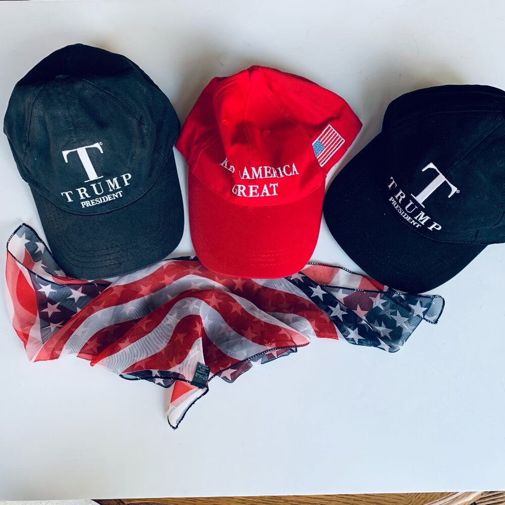 3 Trump MAGA Hats + Patriotic Scarf – Like New!